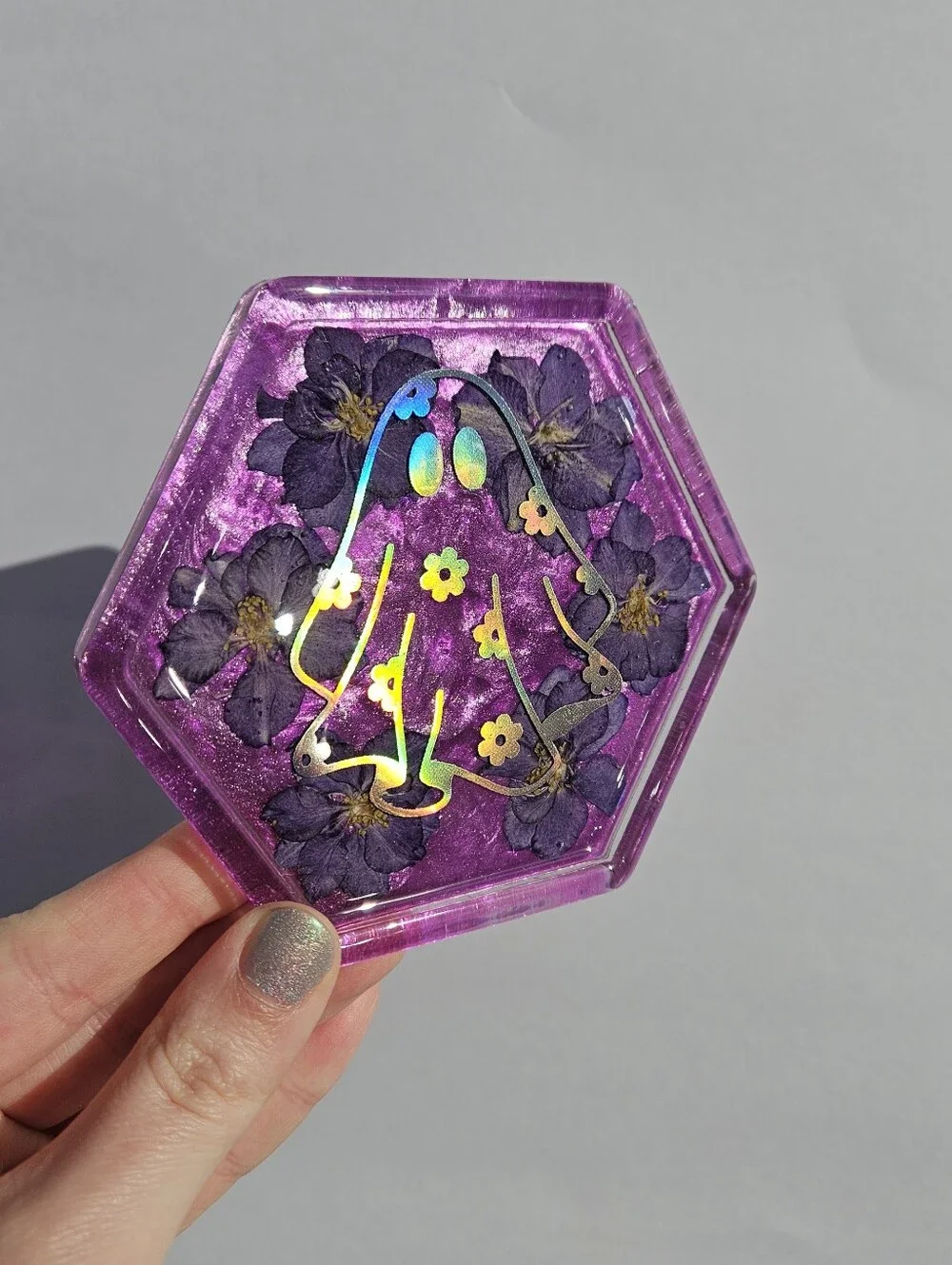 Handmade Purple Hexagon Resin Coaster with Holographic Ghost Design Whimsigoth